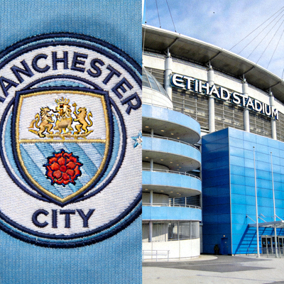 英超曼城队徽及球队主场伊蒂哈德球场外观